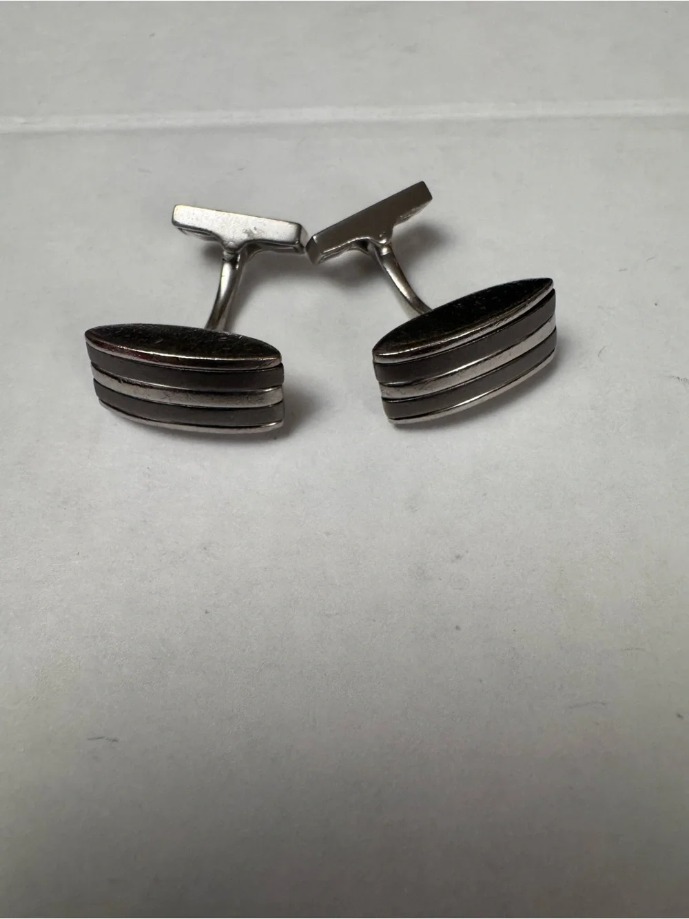 Hugo Boss Silver-Tone Striped Oval Cufflinks